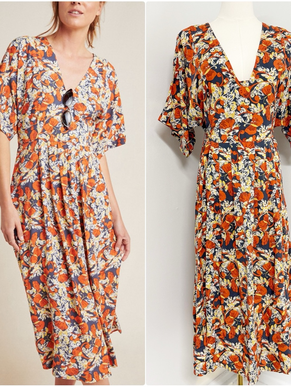 Porridge Anthropologie Les Papillons Floral Midi Dress Medium Petite MP